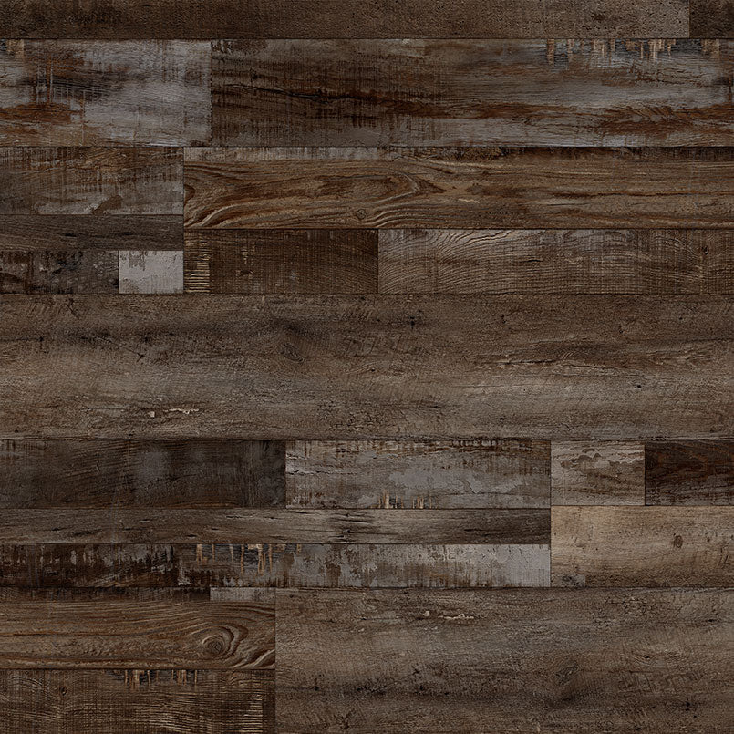 A close-up view of MSI’s Cyrus Bembridge Luxury Vinyl Planks BOX (23.77 SQFT) showcases dark brown and gray waterproof planks with a rustic, weathered texture and visible wood grain for a durable, stylish finish.